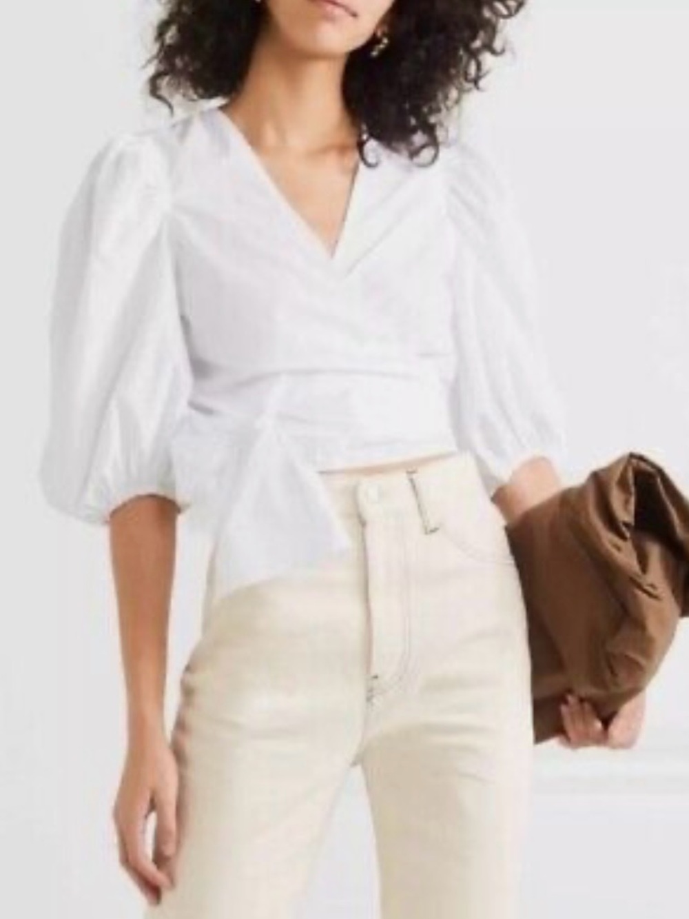 Ganni Wrap Blouse Top Cotton Poplin Puff Sleeve White Women’s EU 36 Ballet Core